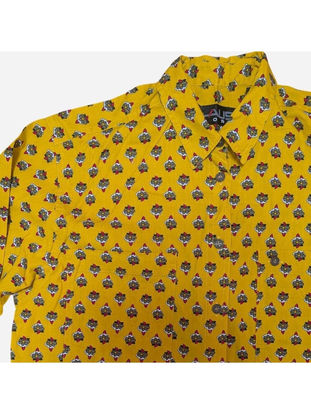90s Retro Yellow Floral Western Prairie Button Up Shirt Medium
